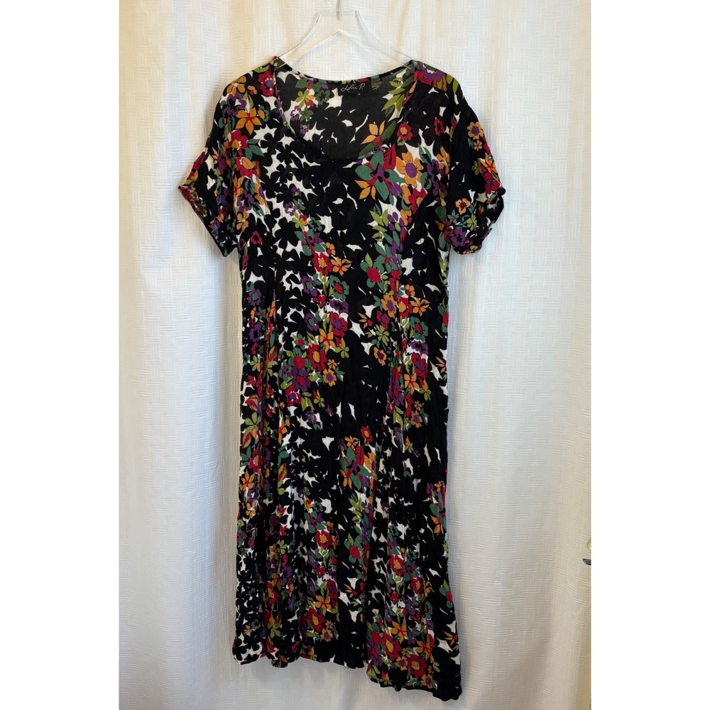 Lola P Vintage 90s Floral Midi Dress XL Multi Rayon Lace Up Back Womens Size XL